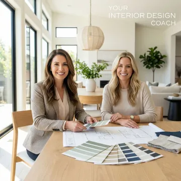 Interior design coach reviewing a room layout plan with a client in a modern Bay Area home