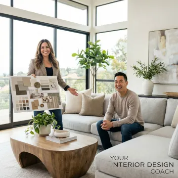 Professional interior design coach consulting with a Bay Area homeowner in a well-styled living room