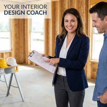 Interior design coach reviewing construction process steps with homeowner at a custom build site