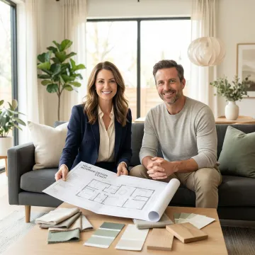 Interior design consultant reviewing a home layout with a client in a modern living room