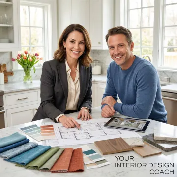 Interior design coach presenting a space plan to a homeowner at a kitchen table