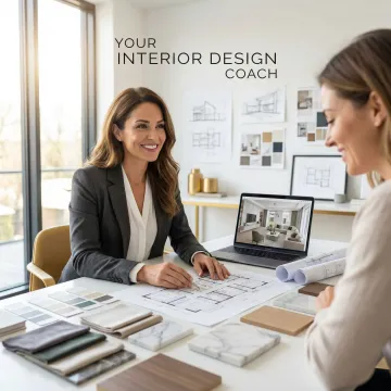 Interior designer presenting floor plan layouts to a homeowner at a consultation table