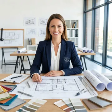 Interior designer reviewing floor plan blueprints on a table with design tools and swatches