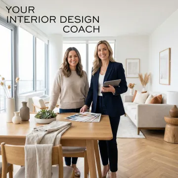 Interior design coach advising Airbnb host on furniture arrangement and decor in a modern apartment