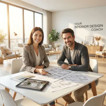 Interior design consultant helping a homeowner plan furniture layout before moving into a new home