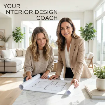 Interior design coach consulting with a homeowner in a bright Orange County living room