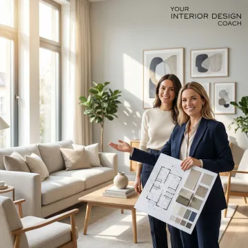 Interior design coach discussing space planning solutions with a homeowner in a well-lit living room