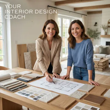 Interior design consultant pointing to a floor plan during a remodel consultation session