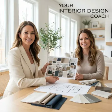 Interior design coach presenting a space plan and mood board to a confident homeowner.