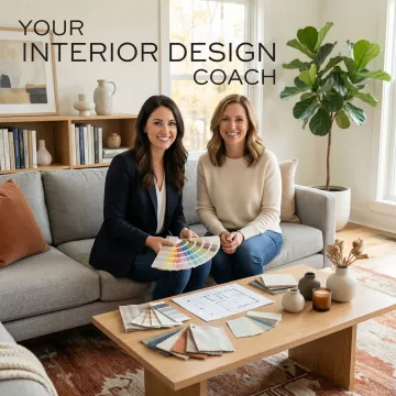 Interior design consultant reviewing home decor layout with a client in a bright, modern living room.