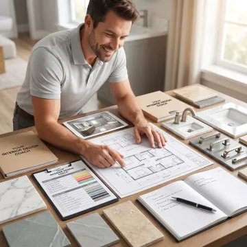 Bathroom remodel planning process with drawings and finish samples