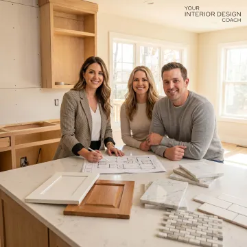 Kitchen remodel plans and material selections on a table