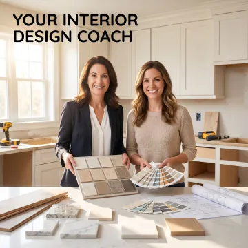 Designer reviewing tile and grout samples with a homeowner