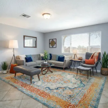 Well-planned modern living room with optimized furniture layout and efficient space utilization