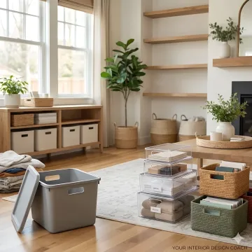 Professional organizer working with client to declutter and organize home space