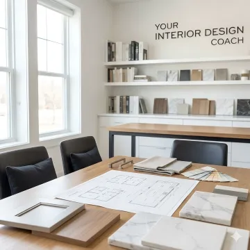 Interior designer reviewing kitchen remodel plans with homeowner at consultation table