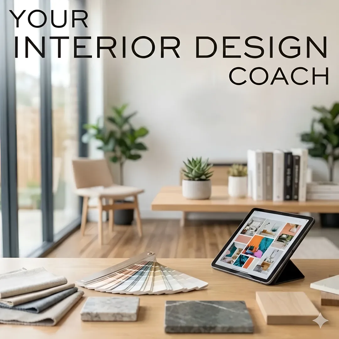 Designer reviewing paint color swatches and digital mood board during virtual consultation