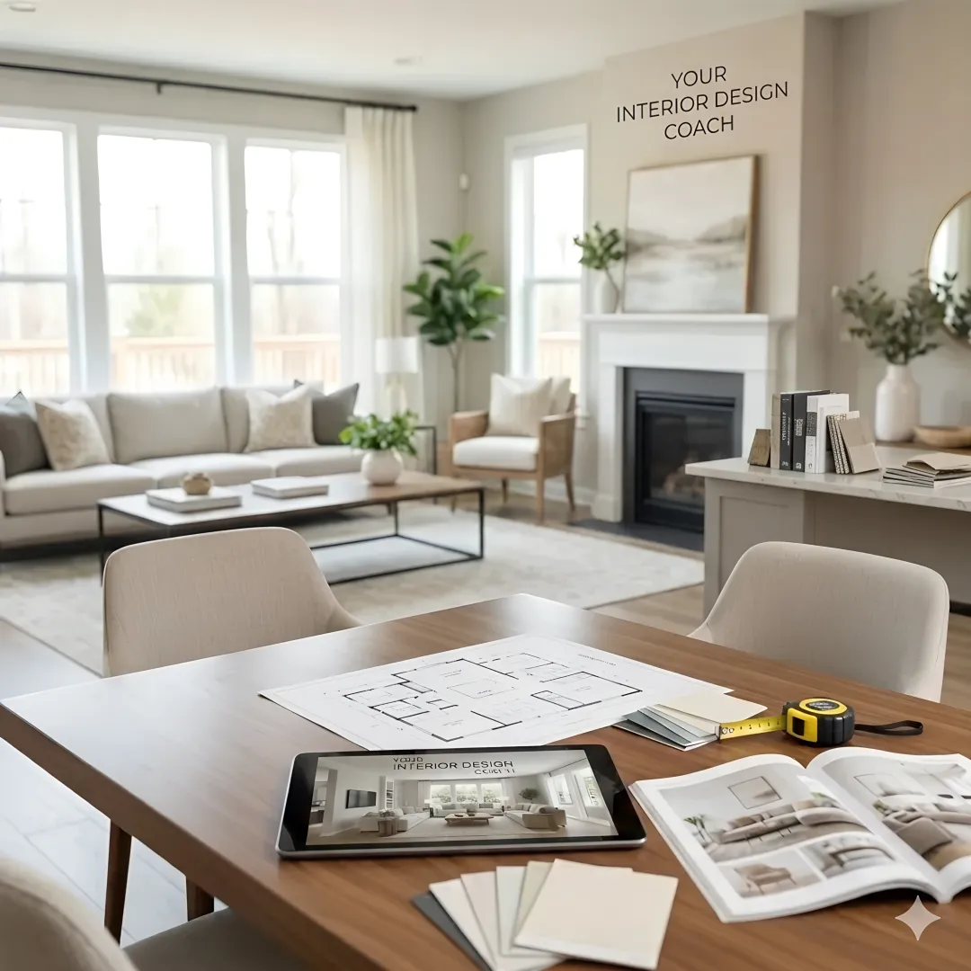 Interior design coach working with a homeowner on a room layout plan