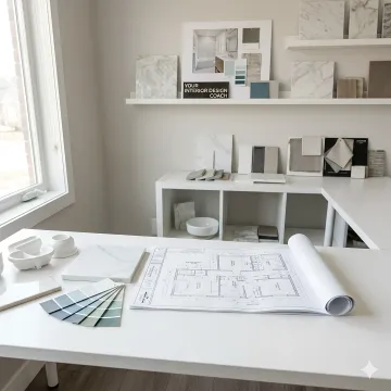 Interior designer reviewing bathroom remodel plans with architectural drawings and samples