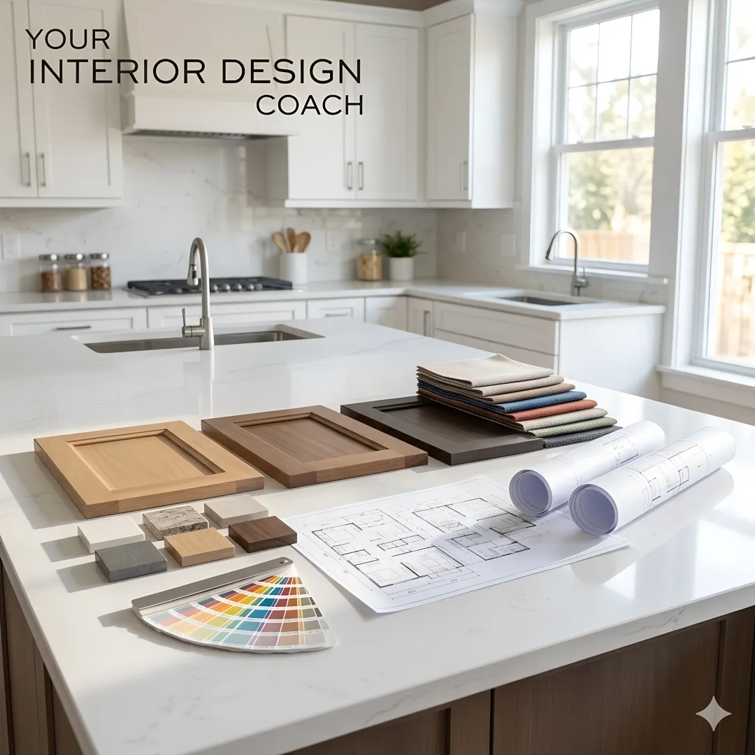 Kitchen renovation consultant reviewing cabinet samples and design plans with homeowner