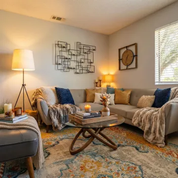 Professionally styled Airbnb apartment living room with inviting decor and furniture arrangement