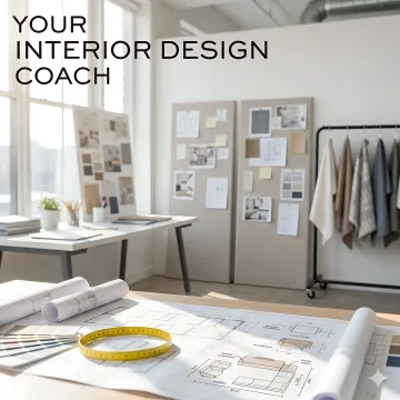 Professional interior designer reviewing office floor plans with measuring tools and furniture layout sketches