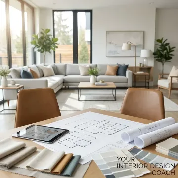 Professional interior designer reviewing floor plans and furniture layout with client during relocation planning consultation