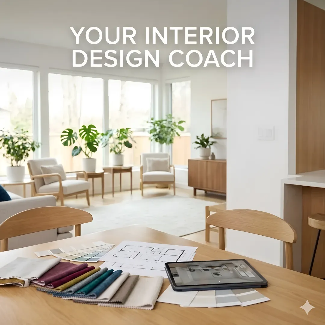 Professional interior designer consulting with homeowner over floor plans and color samples in a bright, modern living room