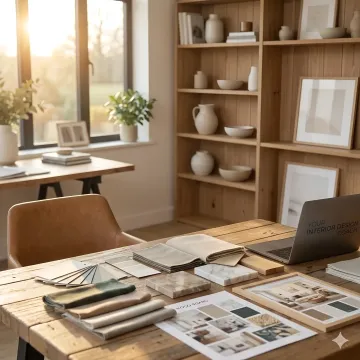 Interior designer and client collaborating over design materials, fabric swatches, and mood boards in a cozy consultation setting