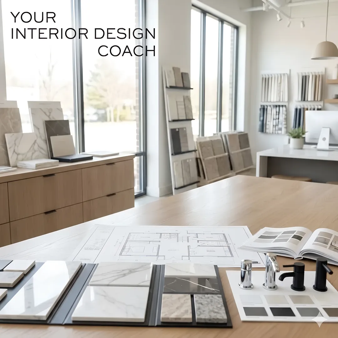 Interior designer reviewing bathroom layout plans with homeowner