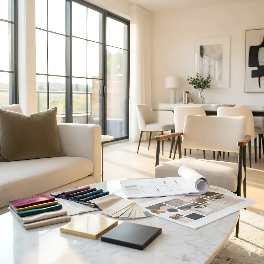 Interior designer consulting with townhouse homeowner reviewing design plans and material selections