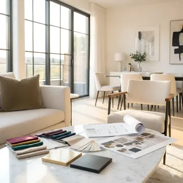 Interior designer consulting with townhouse homeowner reviewing design plans and material selections