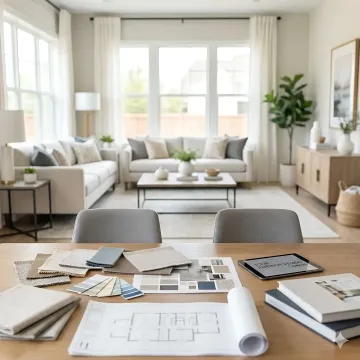 Interior design consultant reviewing floor plans and color samples with homeowner in bright modern living room