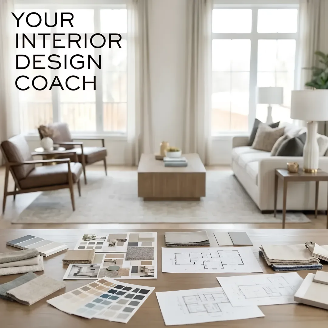 Interior design coach discussing layout options and design concepts with homeowner at dining table