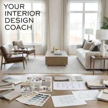 Interior design coach discussing layout options and design concepts with homeowner at dining table