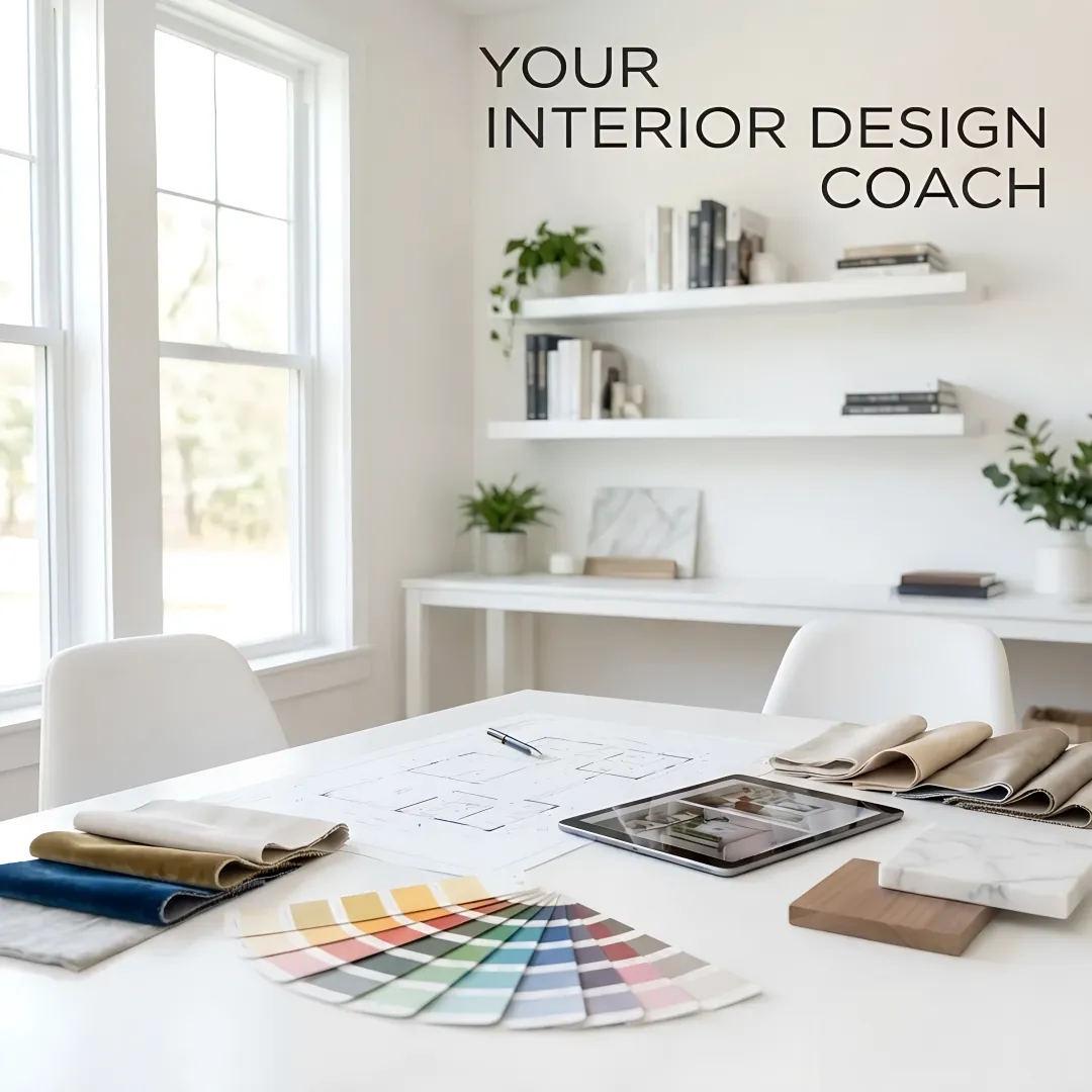 Interior designer collaborating with client over floor plans and design boards