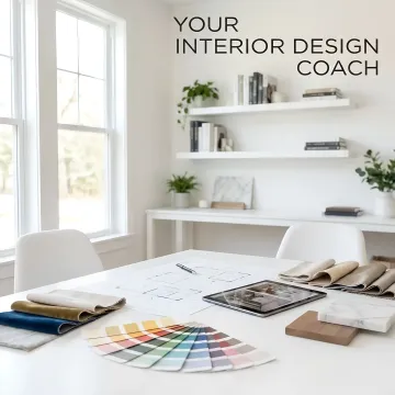 Interior designer collaborating with client over floor plans and design boards