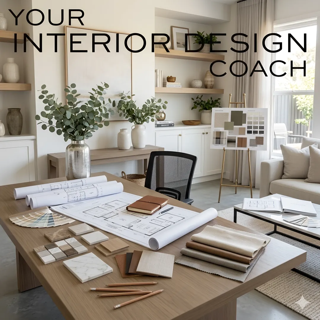 Interior design coach reviewing a home layout plan with a confident homeowner