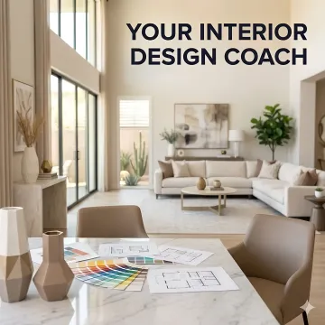 Interior design coach presenting a space plan to a homeowner at a kitchen table