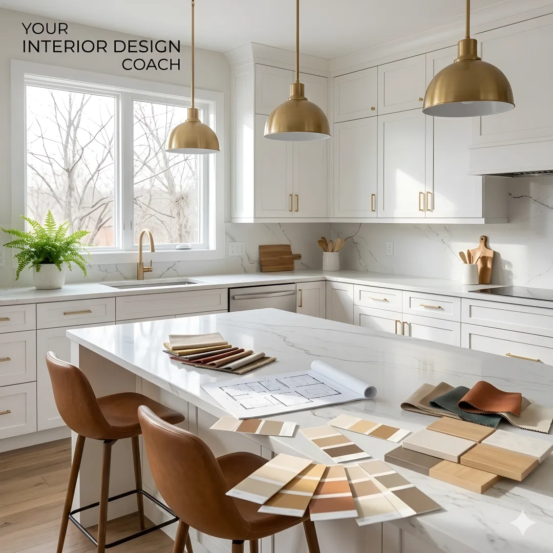 Interior design coach pointing at kitchen cabinet samples and layout plan during a consultation session