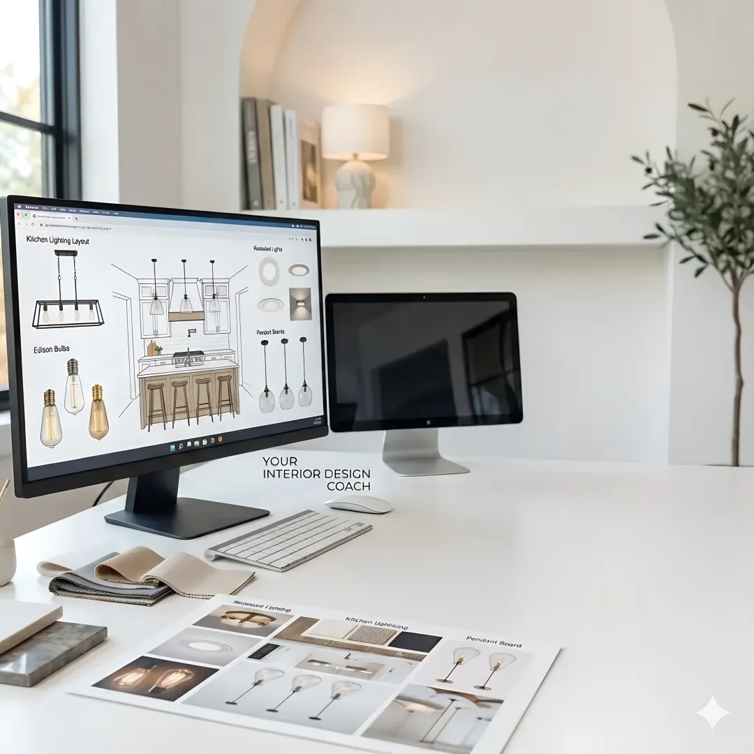 Interior design coach reviewing kitchen lighting plan during a virtual consultation
