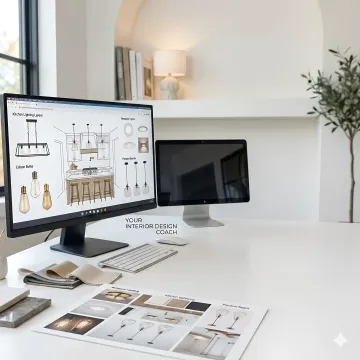 Interior design coach reviewing kitchen lighting plan during a virtual consultation