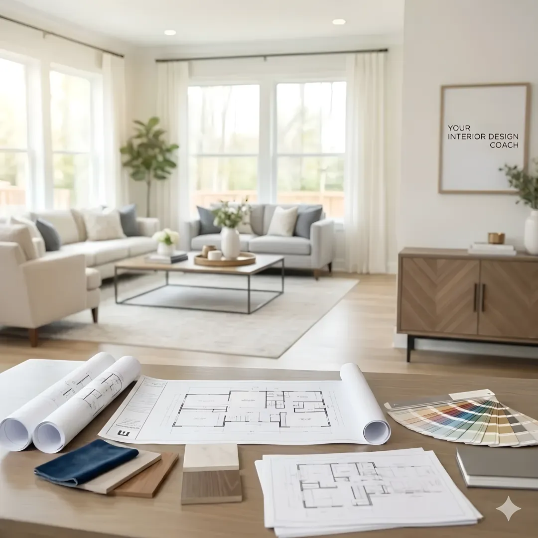Designer reviewing construction drawing plans with a homeowner