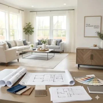 Designer reviewing construction drawing plans with a homeowner