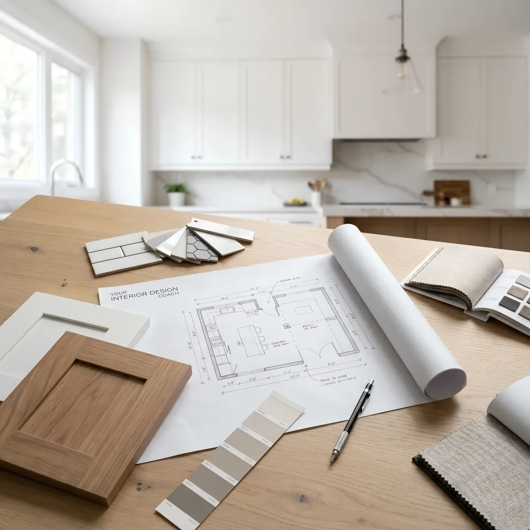 Kitchen remodel plans and material selections on a table
