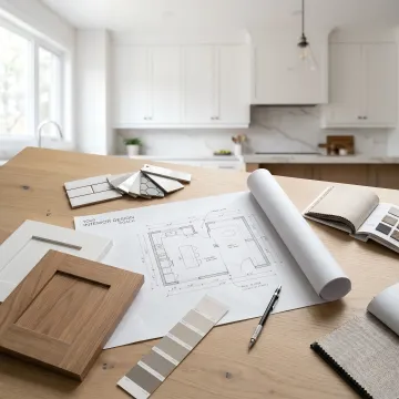Kitchen remodel plans and material selections on a table