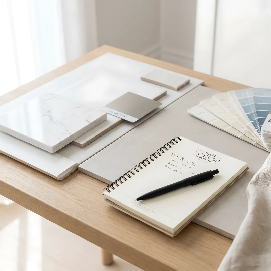 Designer comparing bathroom tile and fixture samples
