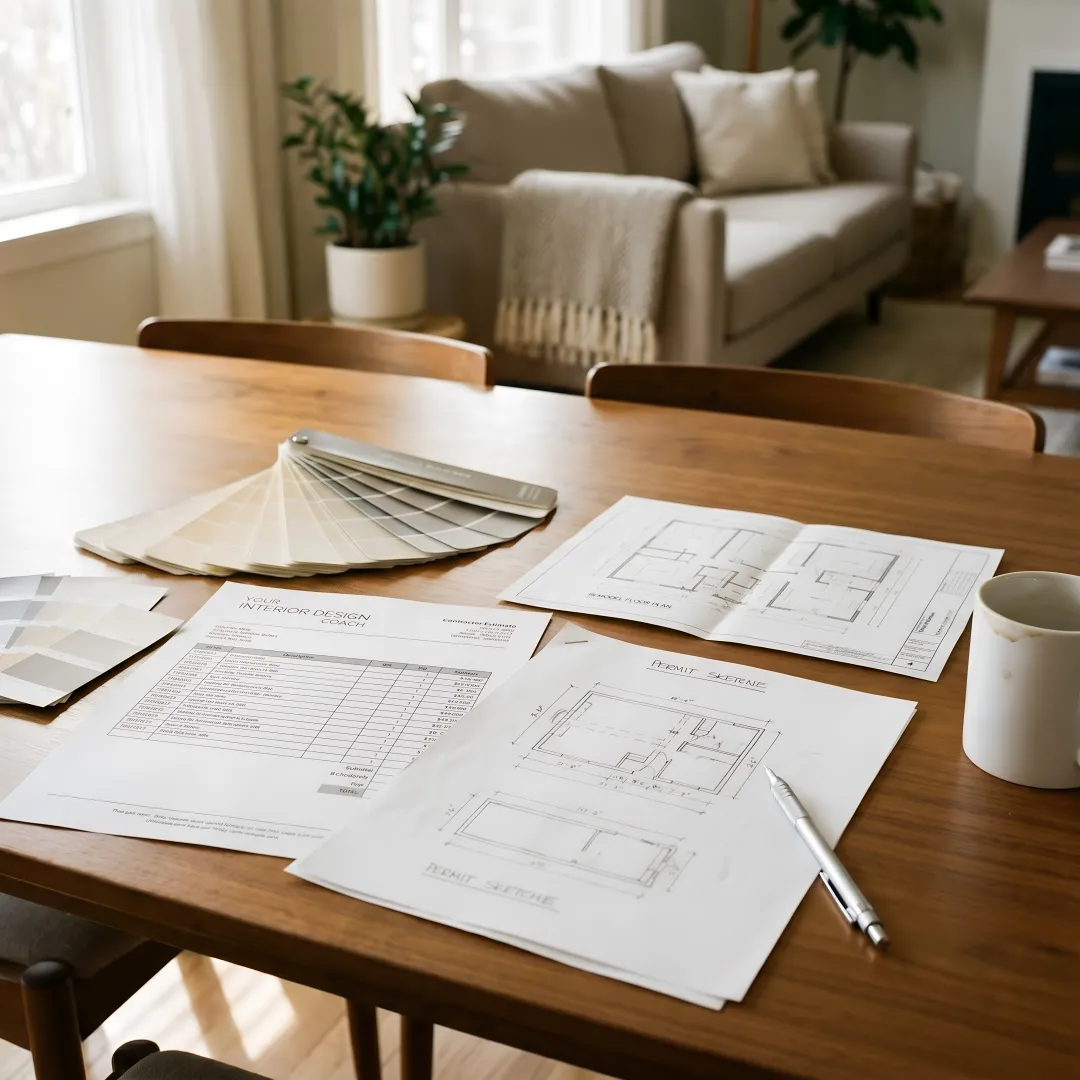 Interior designer reviewing contractor bids and remodel plans