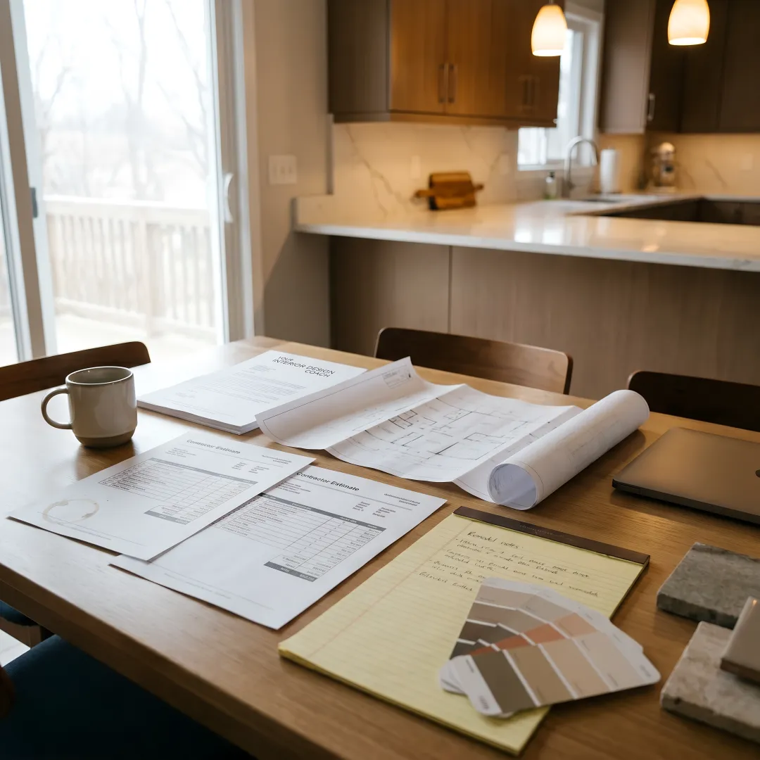 Homeowner reviewing remodel contractor bids with design plans