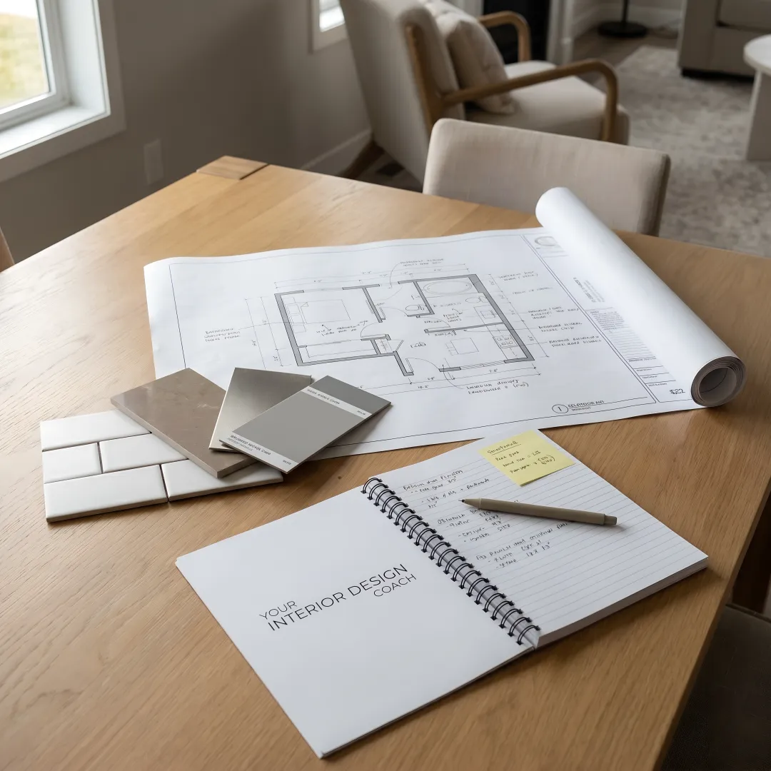 Kitchen remodel planning process with drawings and material samples